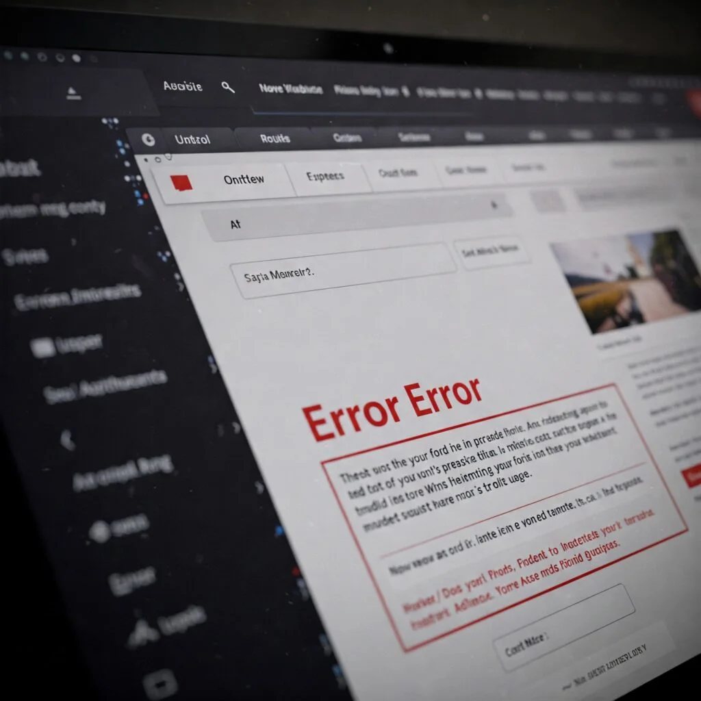 Un écran d'ordinateur affiche une page web avec une erreur. Le message d'erreur, en rouge vif, indique "Error Error". La page web contient également du texte en petites lettres, suggérant un contenu informatif. L'image met en évidence l'importance de l'accessibilité numérique en montrant comment les erreurs et les messages d'avertissement doivent être clairement communiqués à tous les utilisateurs, y compris ceux qui peuvent avoir des difficultés à lire ou à comprendre les informations complexes. Cela souligne la nécessité de concevoir des interfaces utilisateur inclusives qui tiennent compte des divers besoins et capacités des utilisateurs.