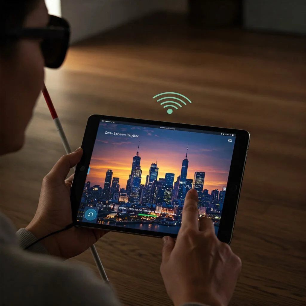 Une personne malvoyante utilise une tablette pour interagir avec une image de paysage urbain illuminé. Elle porte des lunettes de soleil et tient une canne blanche, outils essentiels à sa mobilité. L'écran de la tablette affiche clairement l'image, et un symbole Wi-Fi flottant indique une connexion sans fil. Cette image illustre l'accessibilité et l'inclusion numérique, montrant comment la technologie peut être adaptée pour permettre à chacun de profiter de l'information visuelle.