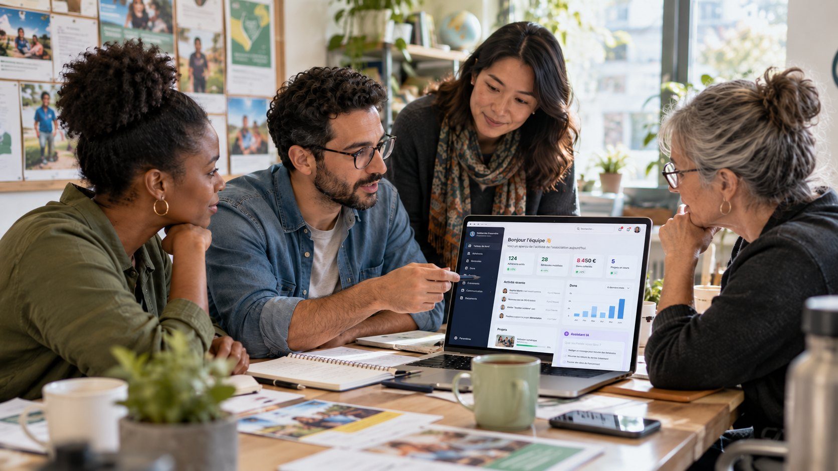 Autour d'une table de travail, quatre personnes échangent devant un ordinateur portable qui affiche le tableau de bord d'une association : adhérents, bénévoles, dons, et un encart « Assistant IA ».