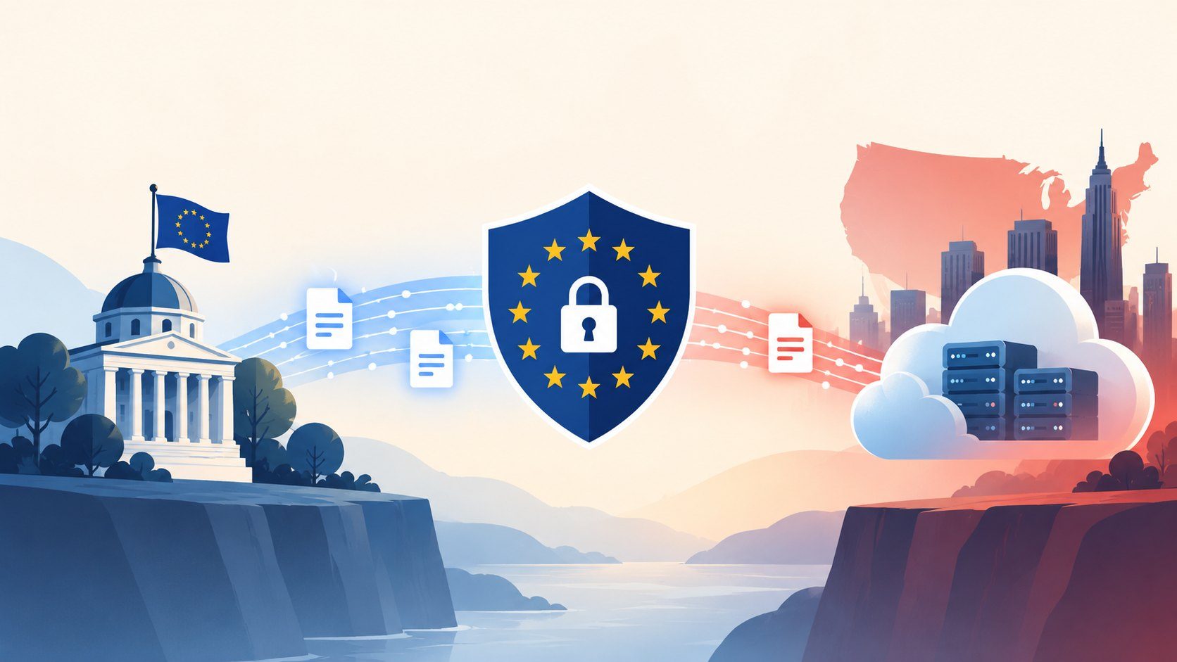 Illustration : à gauche, un bâtiment institutionnel surmonté du drapeau européen ; à droite, des serveurs dans un nuage devant des gratte-ciel et la carte des États-Unis. Entre les deux, des documents circulent, protégés par un bouclier aux étoiles de l'Union européenne frappé d'un cadenas.