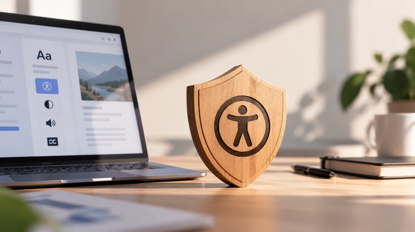 Sur un bureau en bois, un écusson en bois gravé du pictogramme de l'accessibilité se tient à côté d'un ordinateur portable ouvert sur des réglages d'accessibilité : taille du texte, contraste, son et sous-titres.